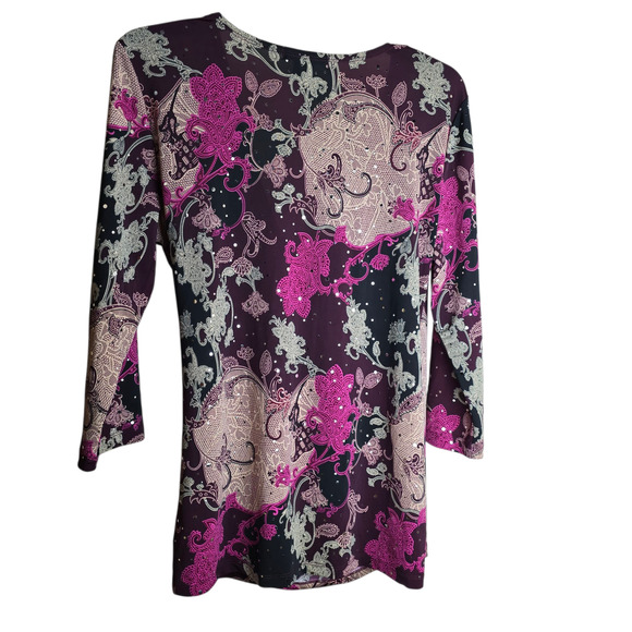 Women’s Medium Paisley Surplice Purple Black 3/4 Sleeve Ruched Stretch Top - Picture 2 of 6